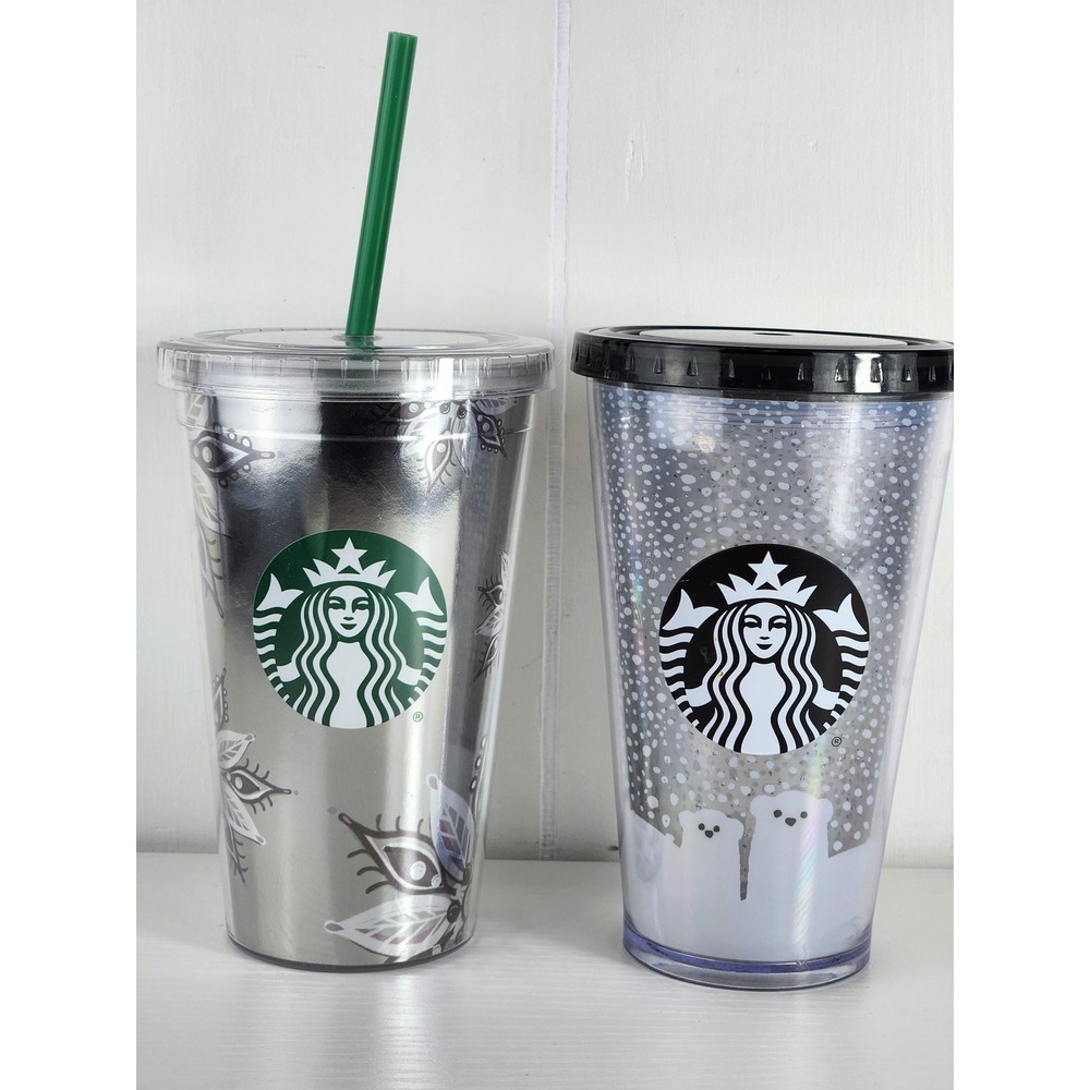 Starbucks 16oz Holiday Tumbler Set Silver Snowflake Polar Bear Cold Cups 2pk
